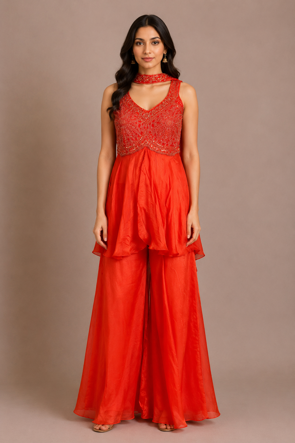 Vermilion Red Tissue Silk Embroidered Sharara Set